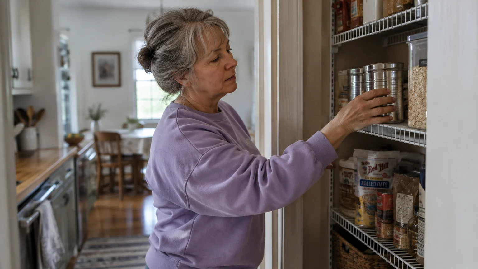 Senior woman with gray hair in a purple sweatshirt reaching for a metal container on a pantry shelf.