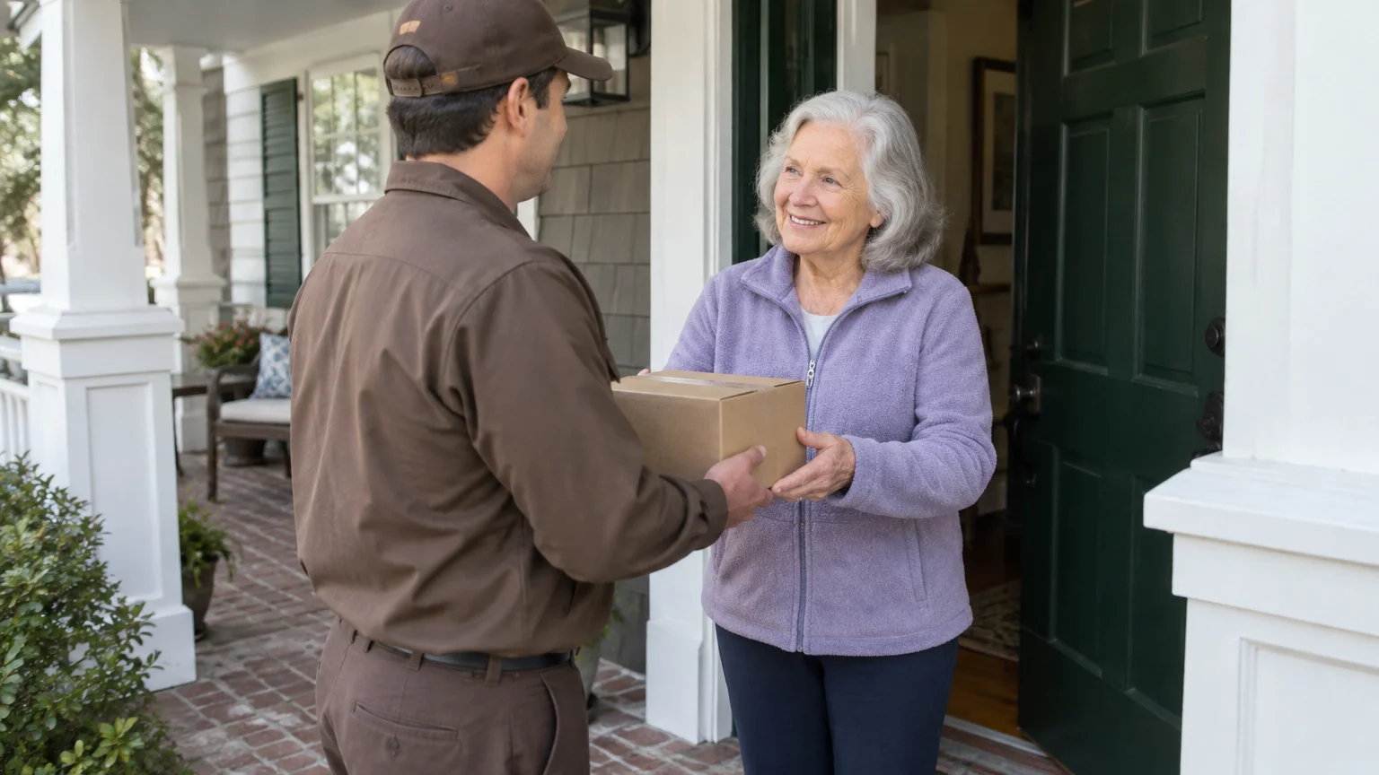 A delivery courier in brown hands a cardboard package to a smiling older woman standing in her doorway.