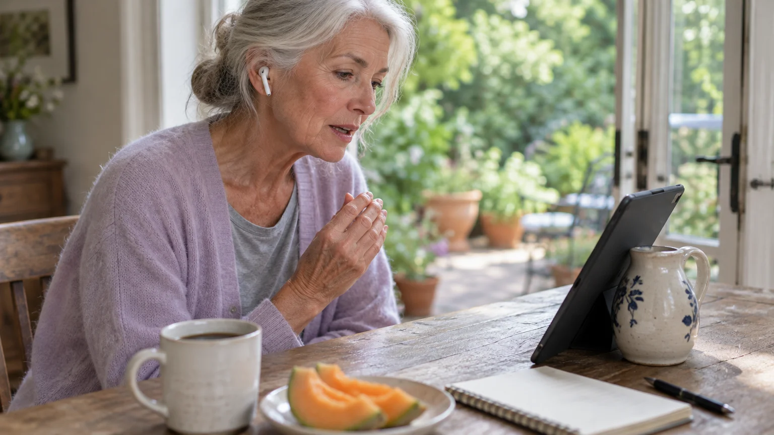 Senior woman with an earbud sitting at a wooden table with coffee and fruit, looking at a propped-up tablet.