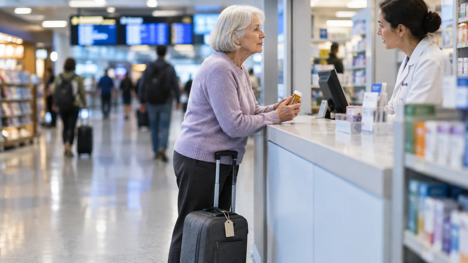 Older woman with rolling luggage holding a medicine bottle while speaking to a pharmacist at an airport counter.