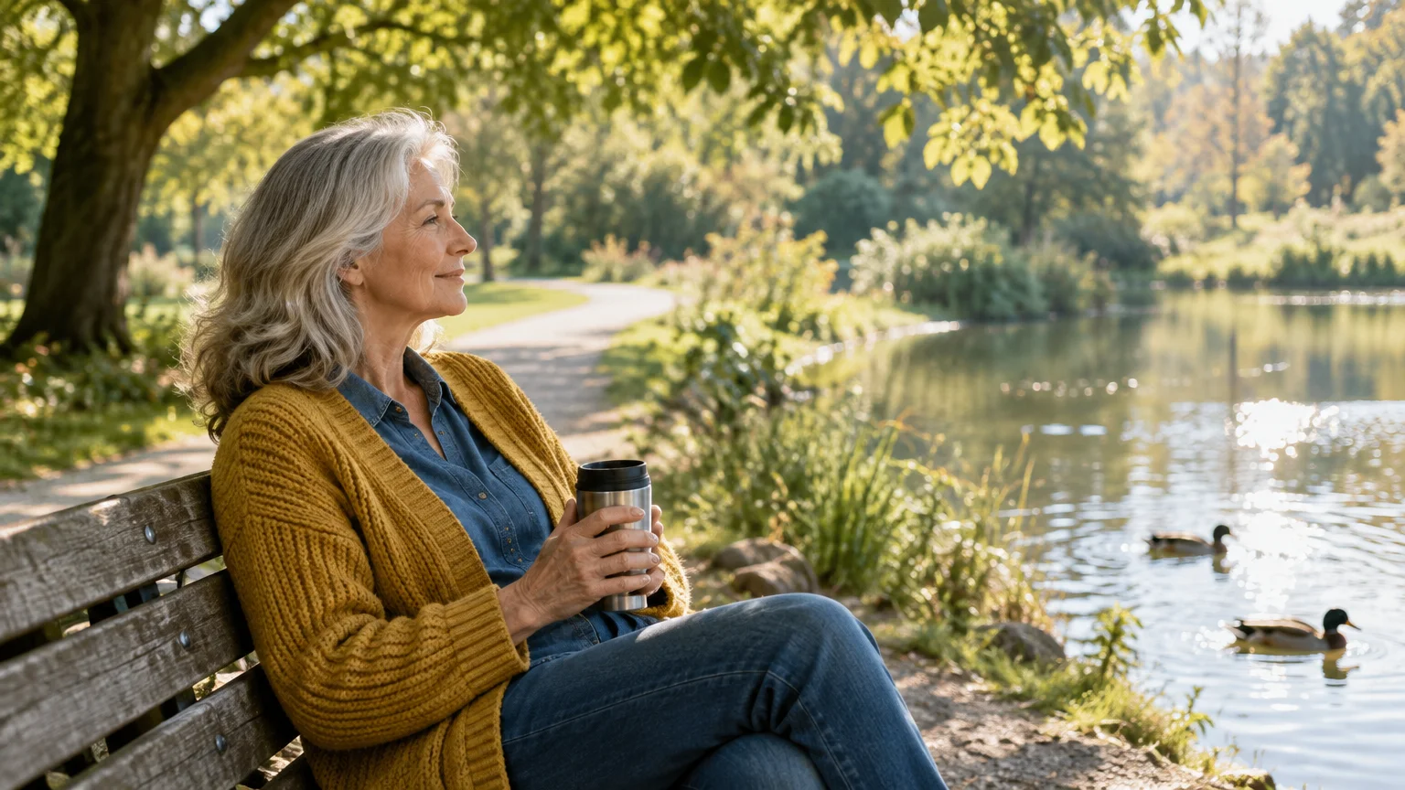Senior woman sitting on a wooden park bench holding a tumbler mug beside a sunny lake with ducks.