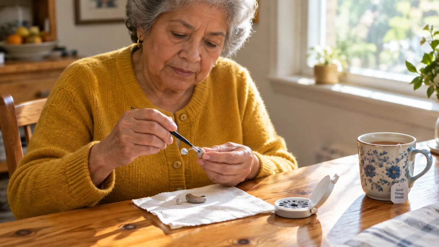 Senior woman in a yellow cardigan cleaning a hearing aid with a small brush at a wooden table.
