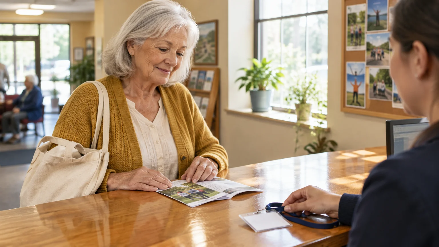 A senior woman in a yellow cardigan reviews a brochure at a registration counter with a receptionist.