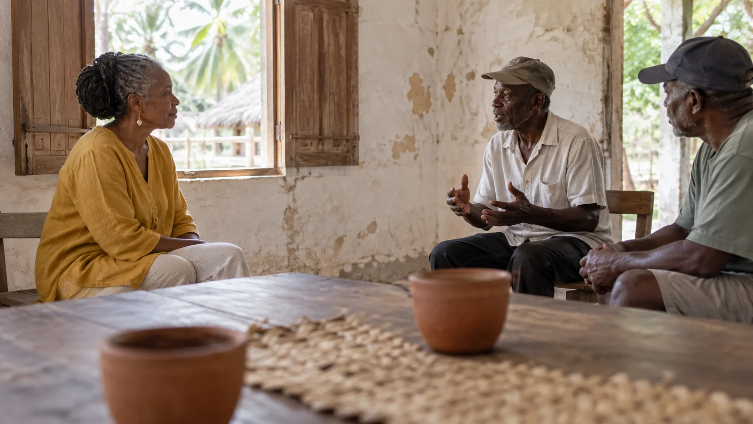 A woman in a yellow shirt sits across a wooden table conversing with two men inside a rustic building.