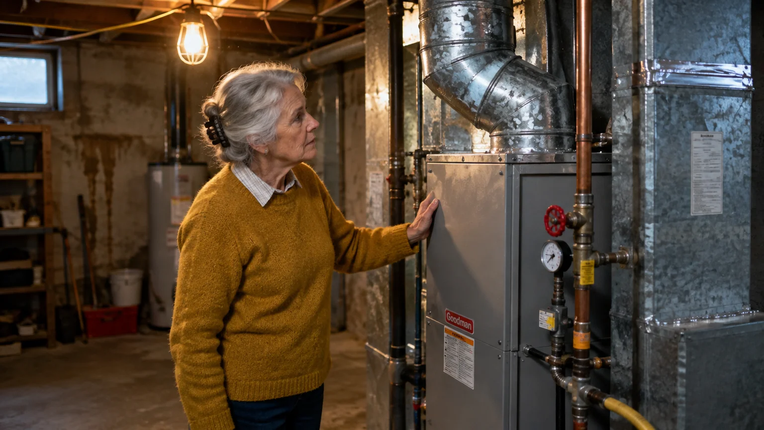An older woman in a yellow sweater examines a gas furnace in a dimly lit basement.