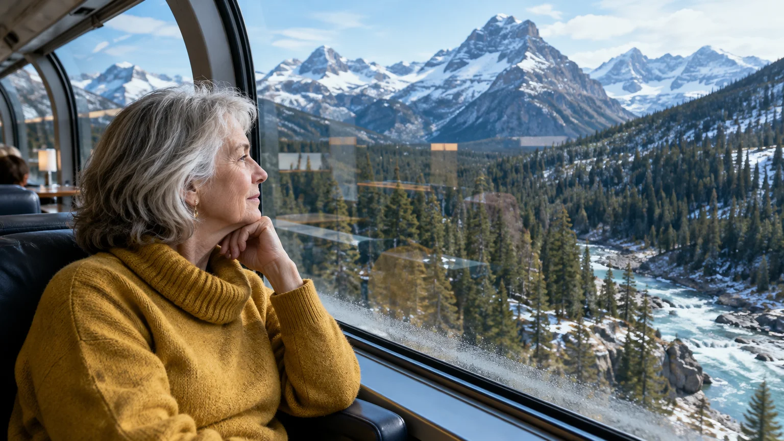 Woman sitting in a train observation car looking out at snow-capped mountains, evergreen forest, and a river.