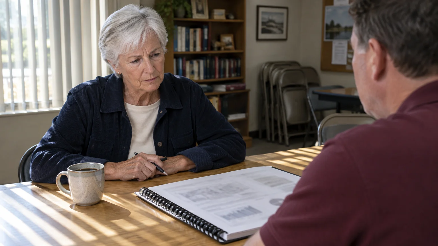 A senior woman sits at a wooden table reviewing a spiral-bound report with a man seated opposite her.