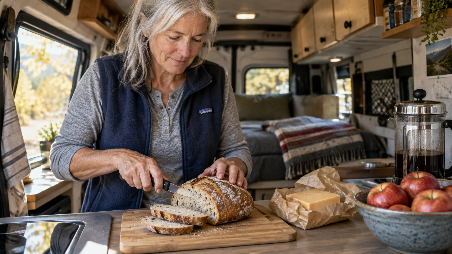 Woman slicing a loaf of bread on a cutting board inside a campervan kitchen counter with cheese and apples nearby.