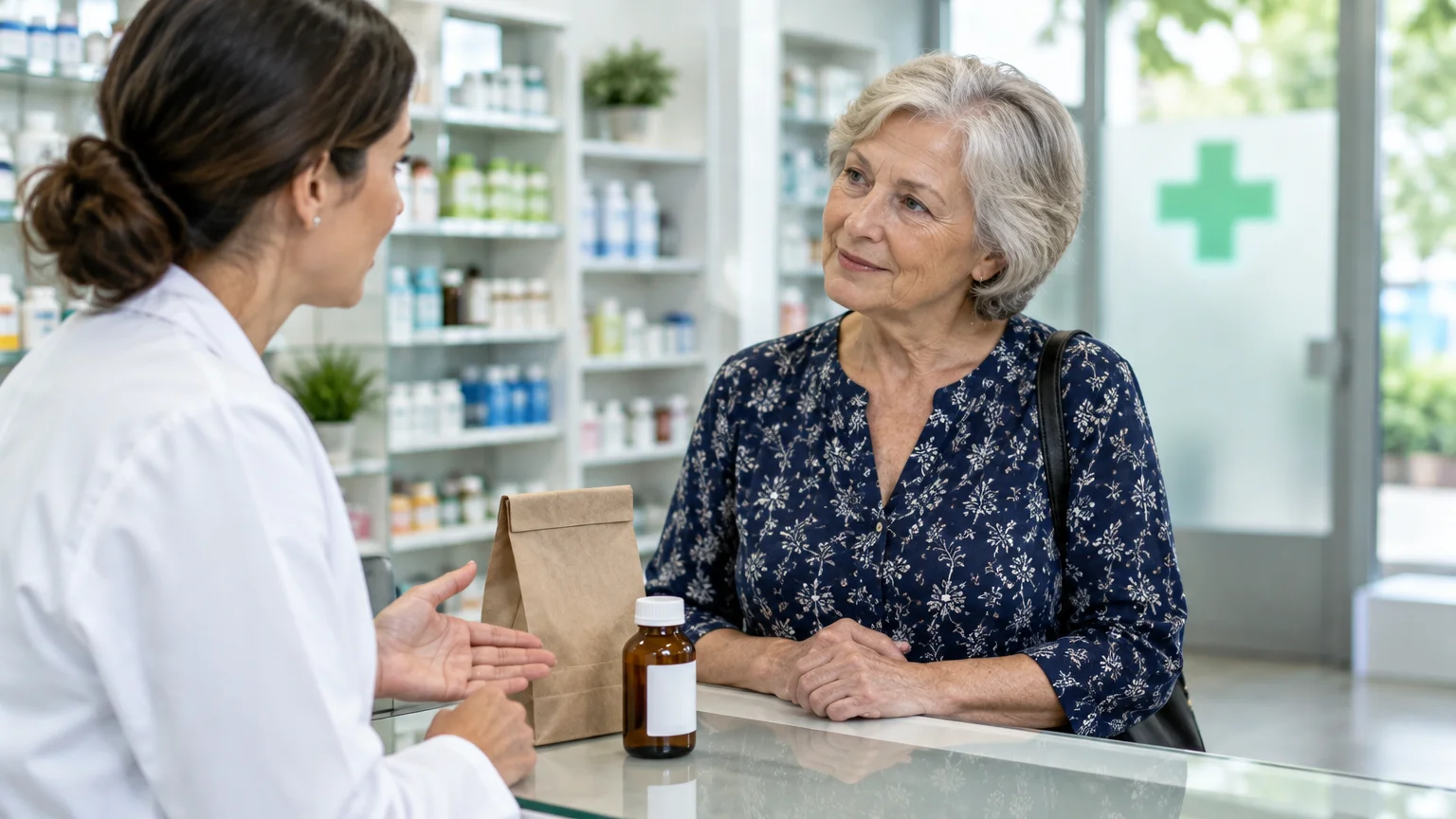 Senior woman speaking with a pharmacist across a counter holding a medicine bottle and brown paper bag.