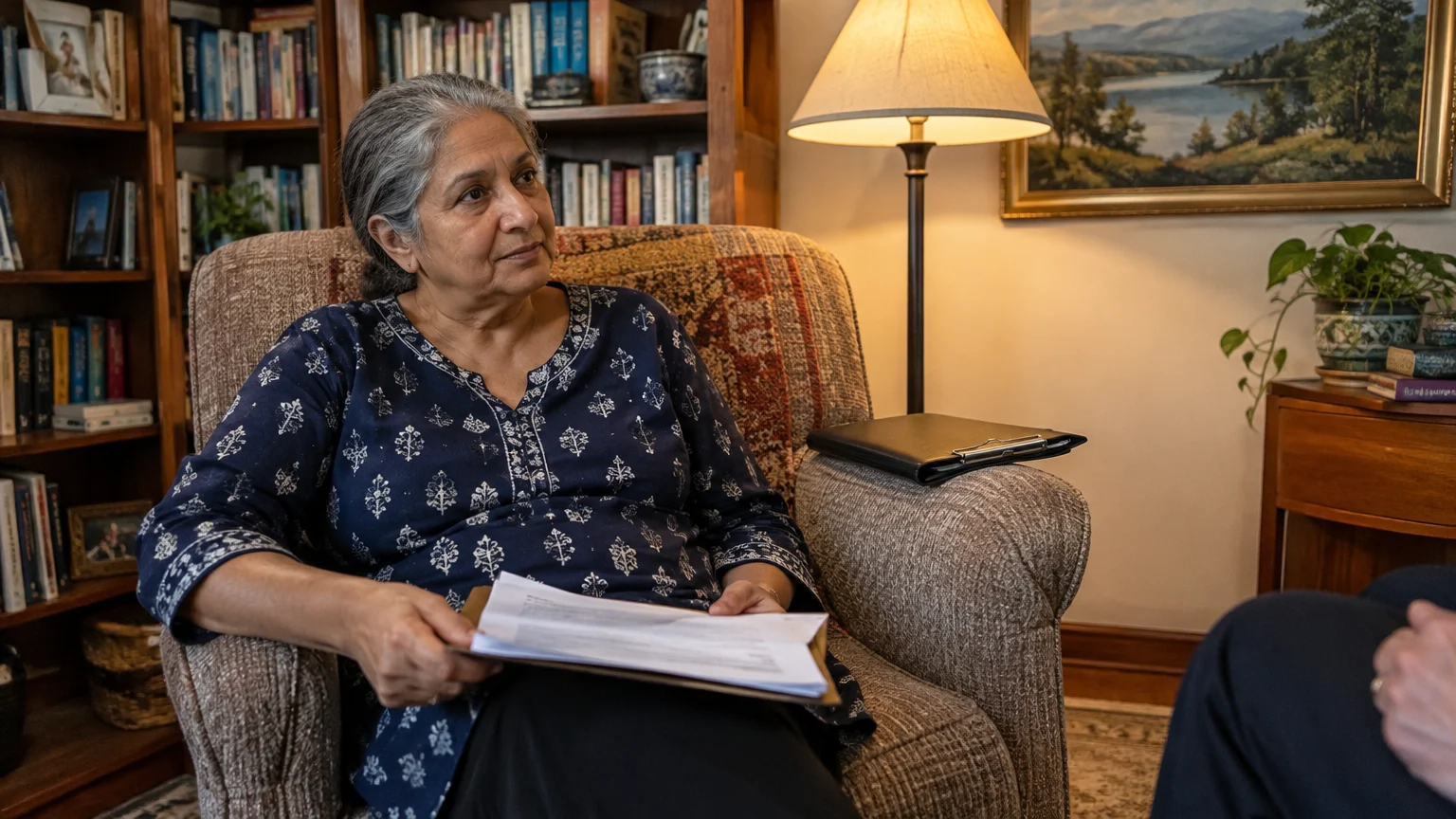 Senior woman sitting in an armchair holding paperwork on a clipboard while speaking with someone in a living room.