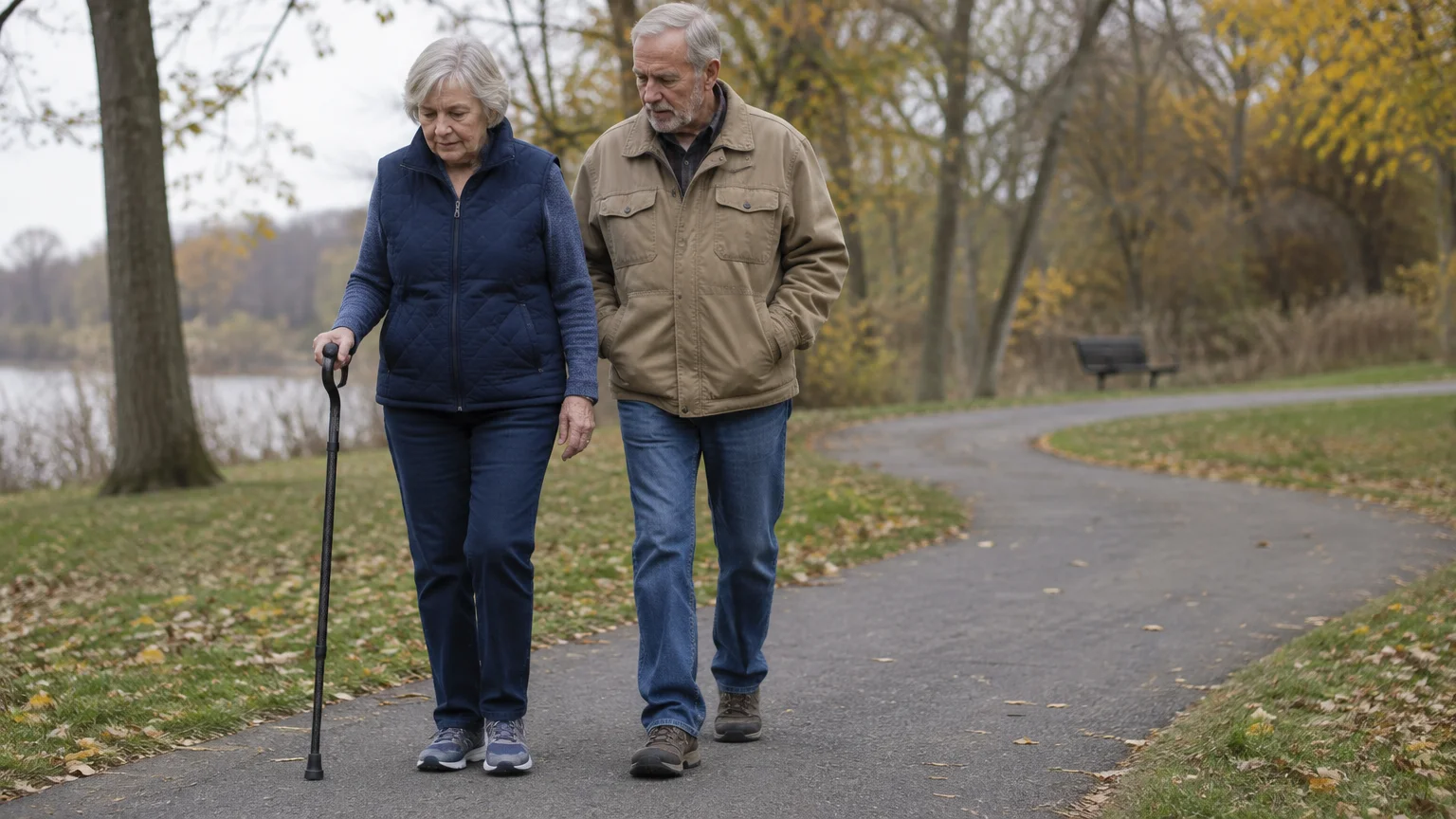 Senior couple walking along a paved park path in autumn, the woman using a walking cane.