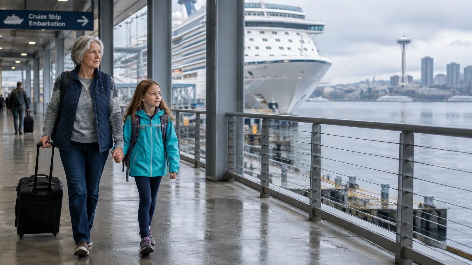 Woman and young girl walking with luggage along a cruise ship terminal pier, with a ship and Seattle skyline behind them.