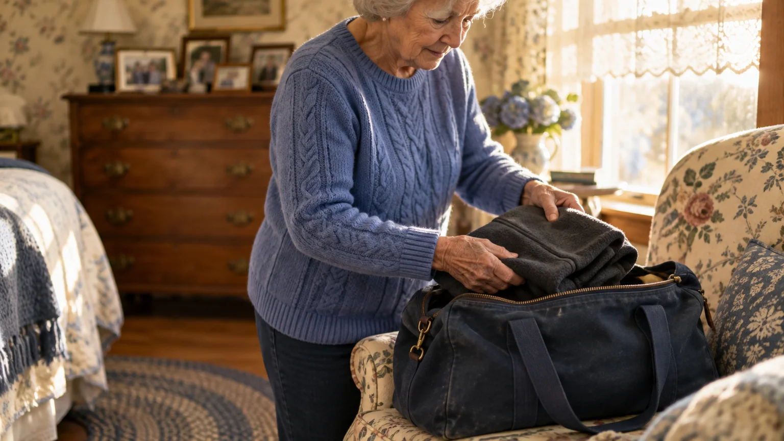 Senior woman in a blue sweater packing folded clothing into a duffel bag resting on an armchair in a bedroom.