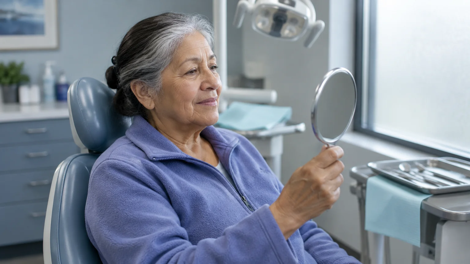 A senior woman seated in a dental chair holds up a round mirror to inspect her teeth in a clinic.