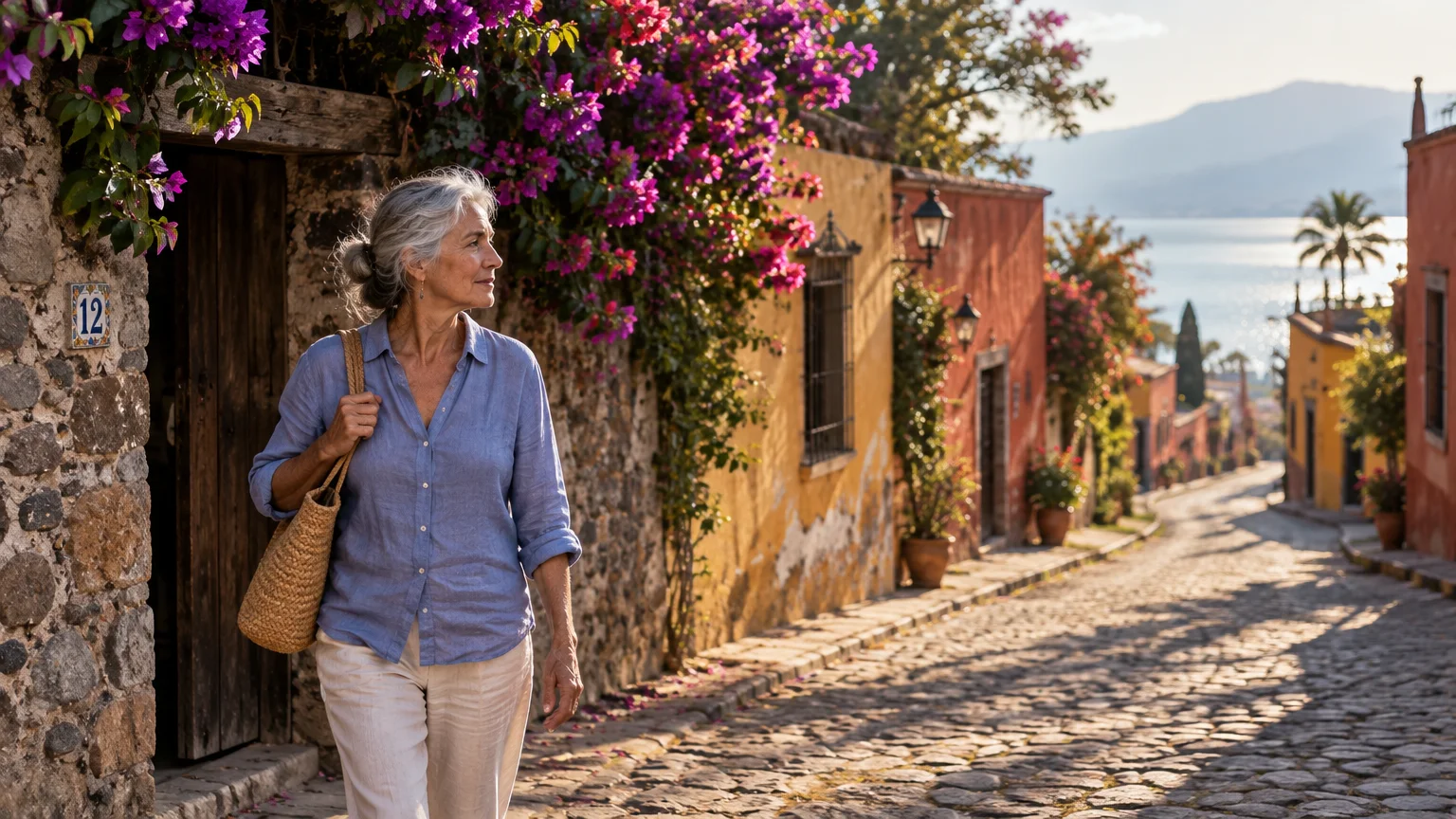 Older woman with gray hair walking down a sunlit cobblestone street lined with colorful houses and pink flowers toward a lake.