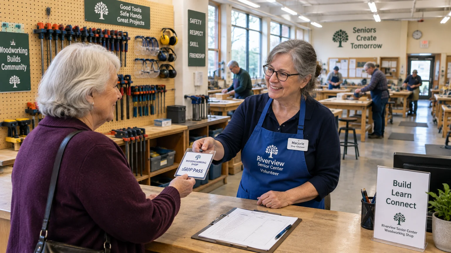 A volunteer hands a shop pass to a senior woman across a front desk inside a busy community woodworking workshop.
