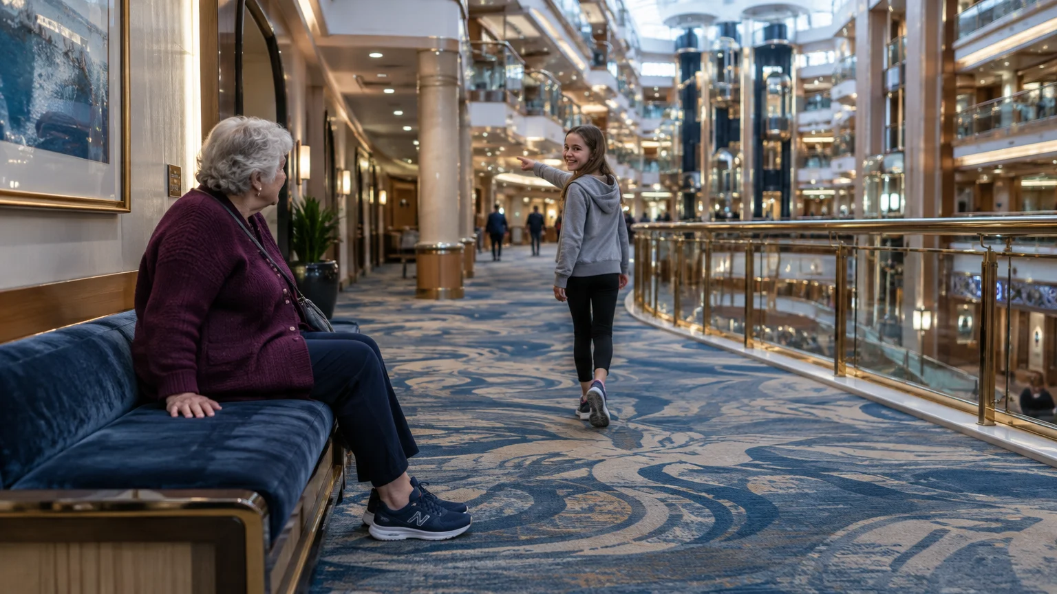 An elderly woman sits on a bench in a cruise ship atrium as a young girl walks ahead and points down the hallway.