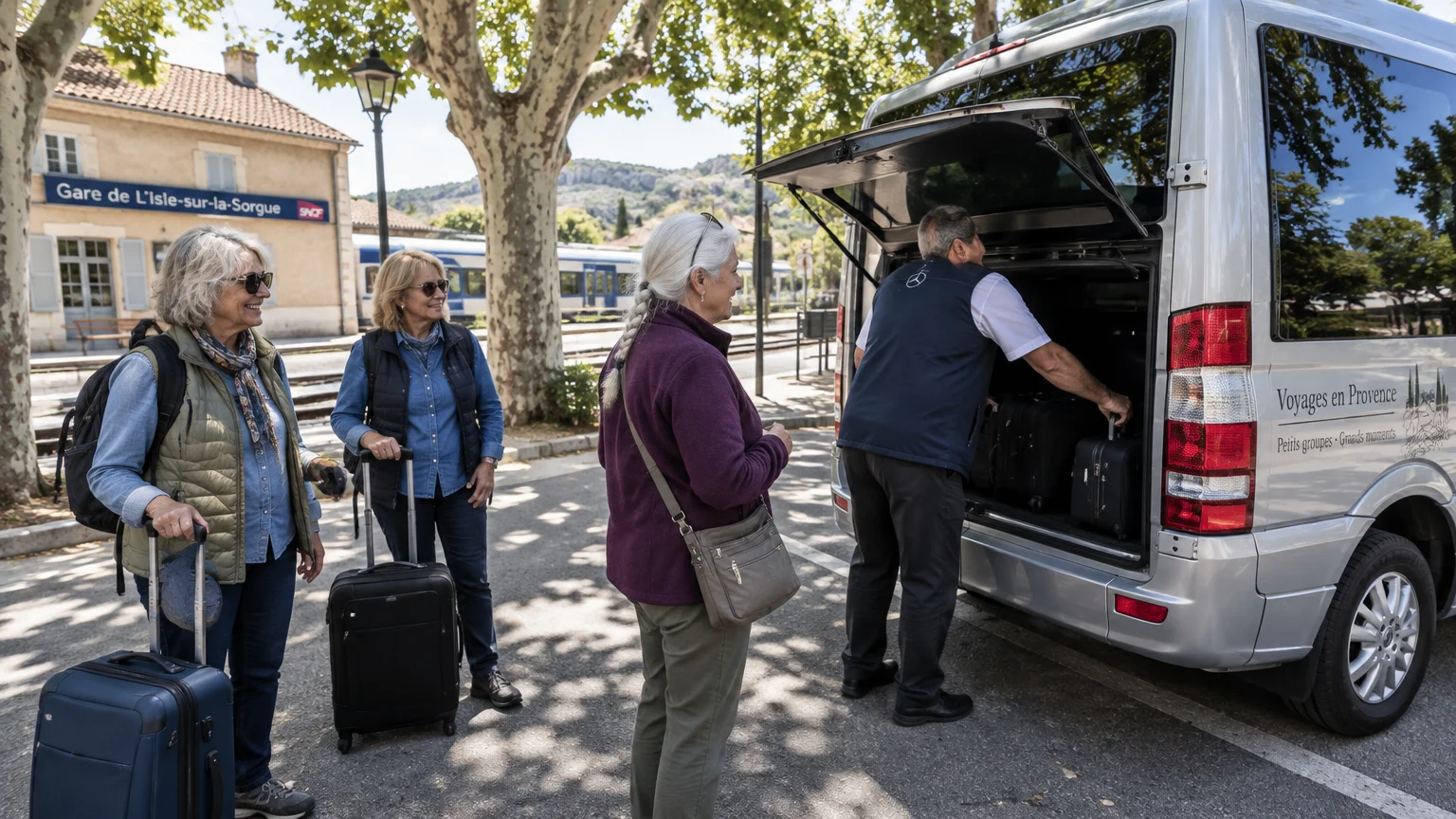 Three women with suitcases watch a driver load luggage into the back of a silver tour van outside a French train station.