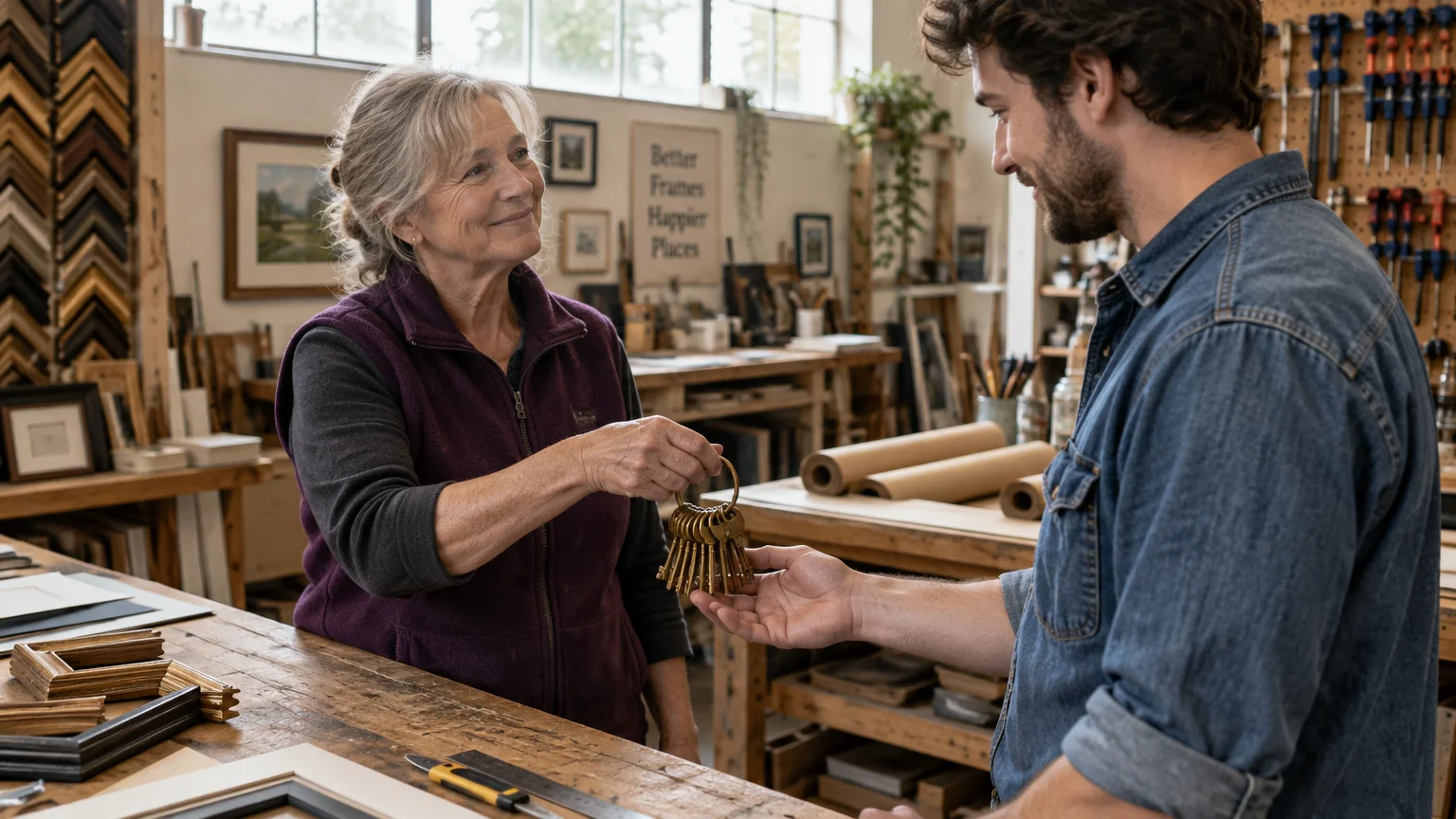 An older woman in a workshop hands a large ring of keys across a wooden workbench to a younger man.