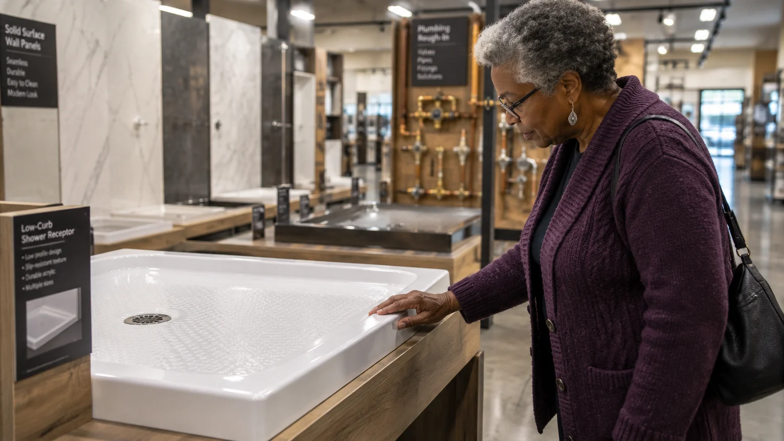 Senior woman touching the rim of a white low-curb acrylic shower base display in a home improvement showroom.