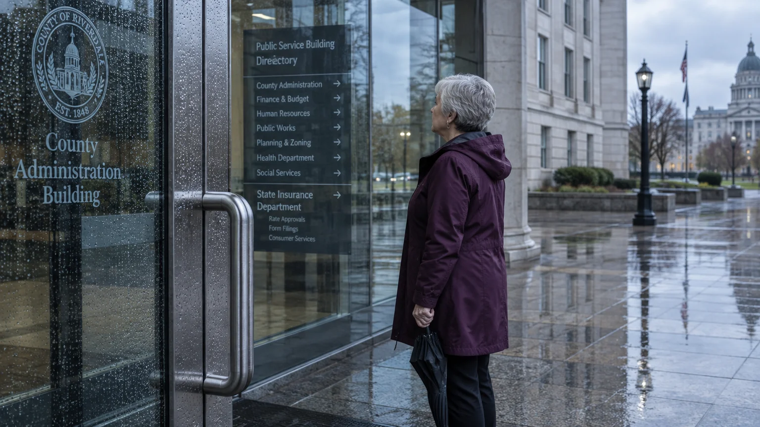 Woman holding an umbrella looks at a directory outside a government administration building on a rainy day.