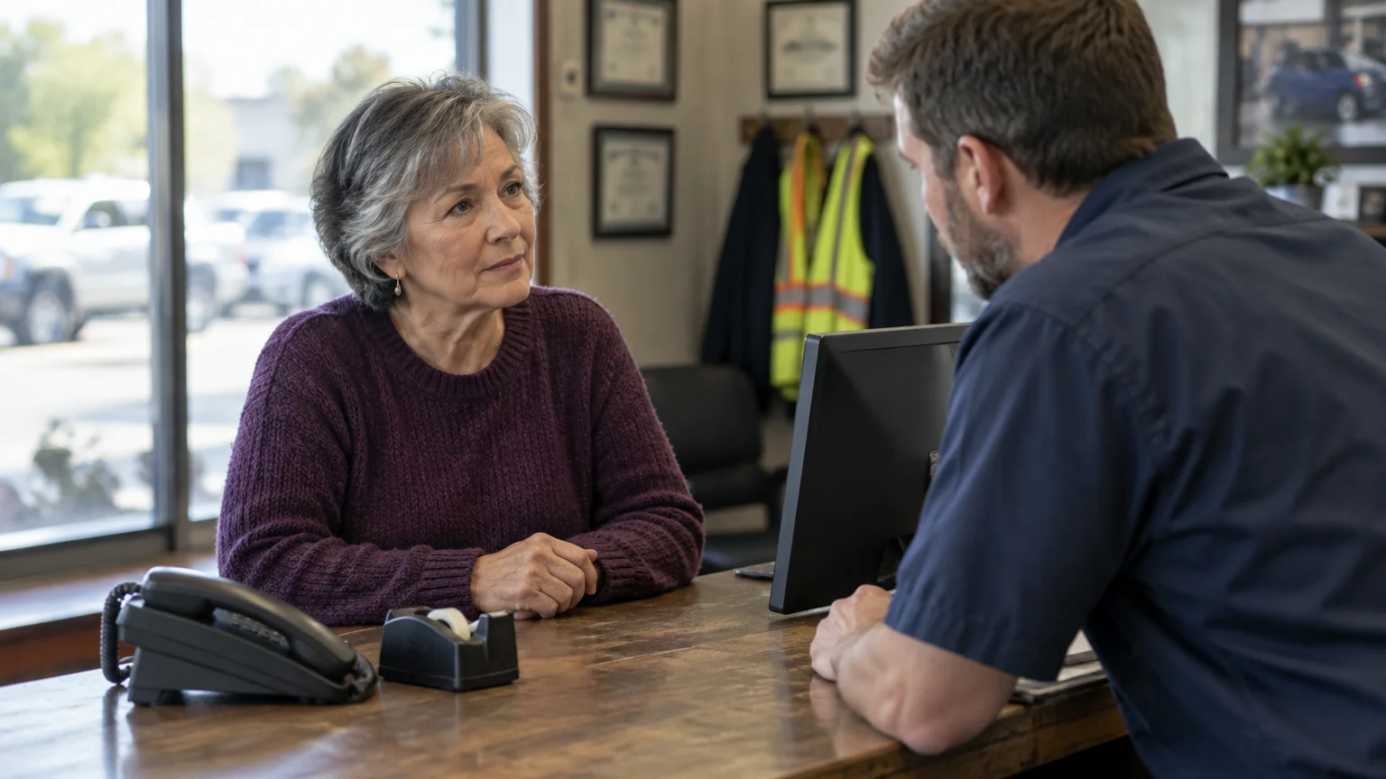 A senior woman in a purple sweater sits across a wooden service desk talking with a male mechanic.