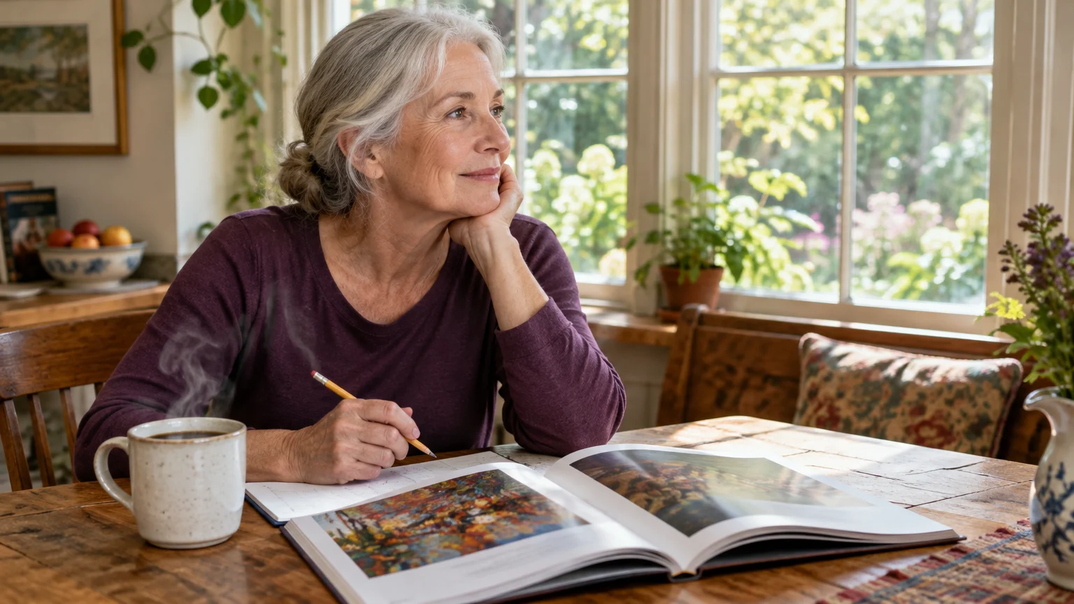 A senior woman with grey hair sits at a wooden table looking out a window with an open art book and steaming mug.