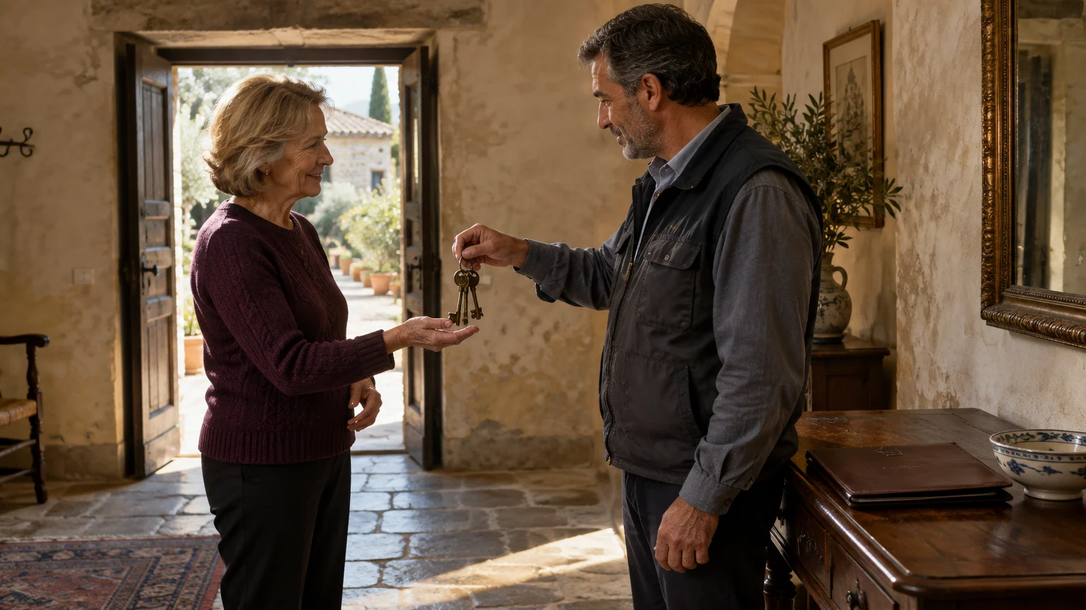 A man hands a set of keys to a smiling woman inside the sunlit stone entryway of a rustic villa.