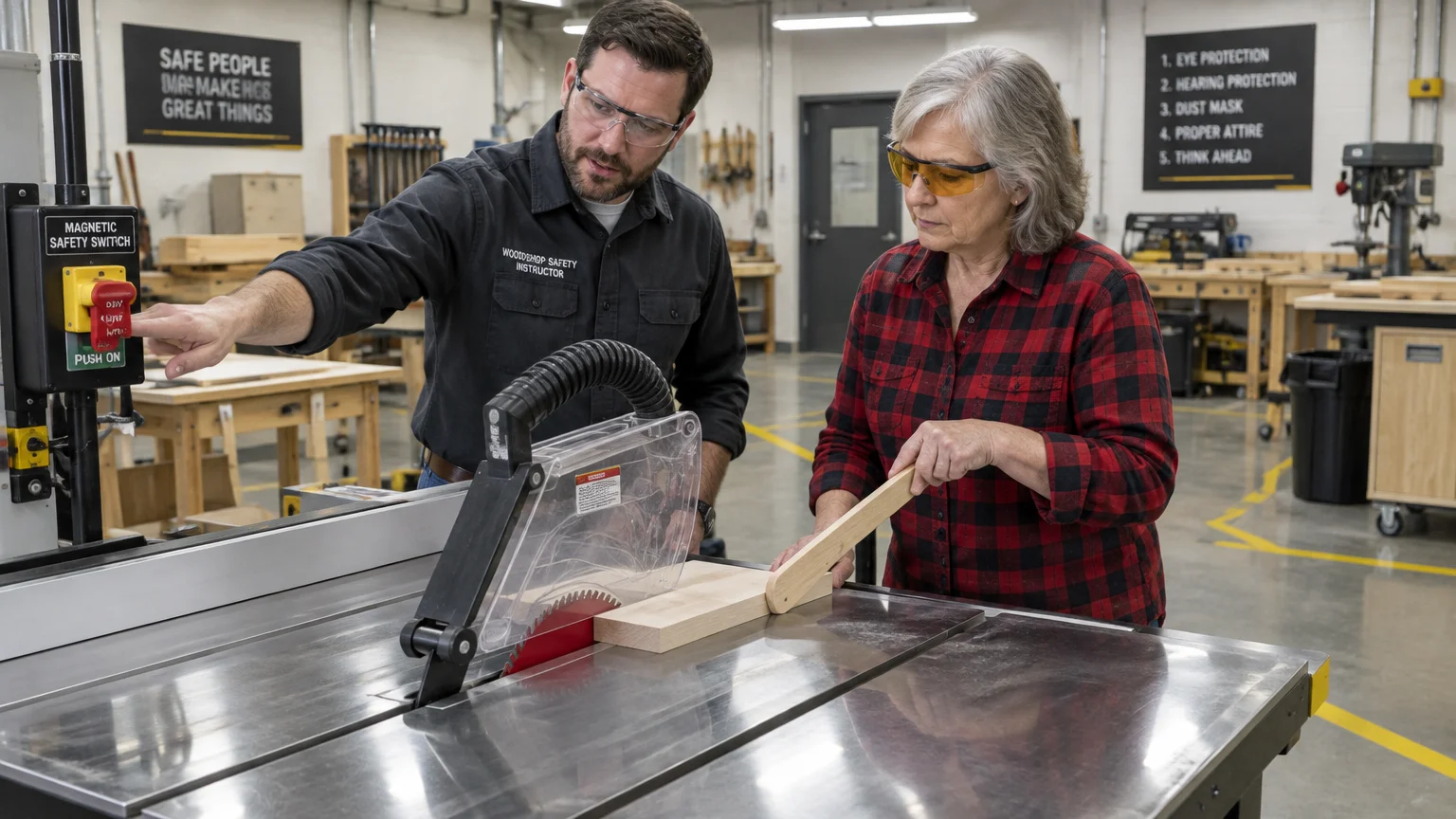 A safety instructor shows a woman wearing eye protection how to feed wood into a table saw using a push stick.