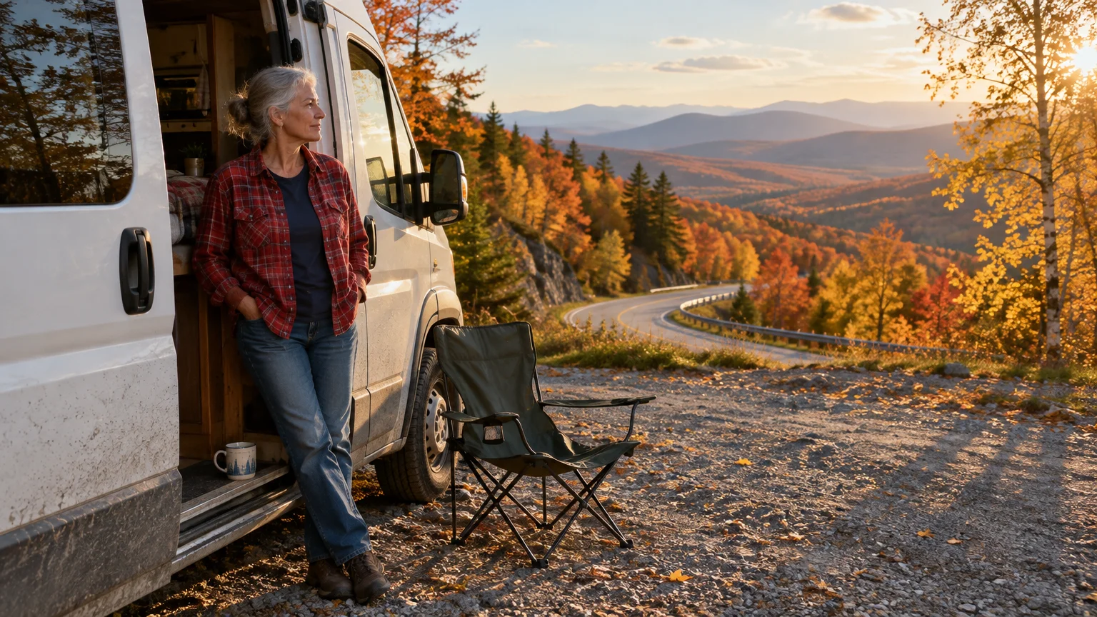 Woman in a red plaid shirt leaning against a campervan parked at a scenic autumn mountain overlook at sunset.