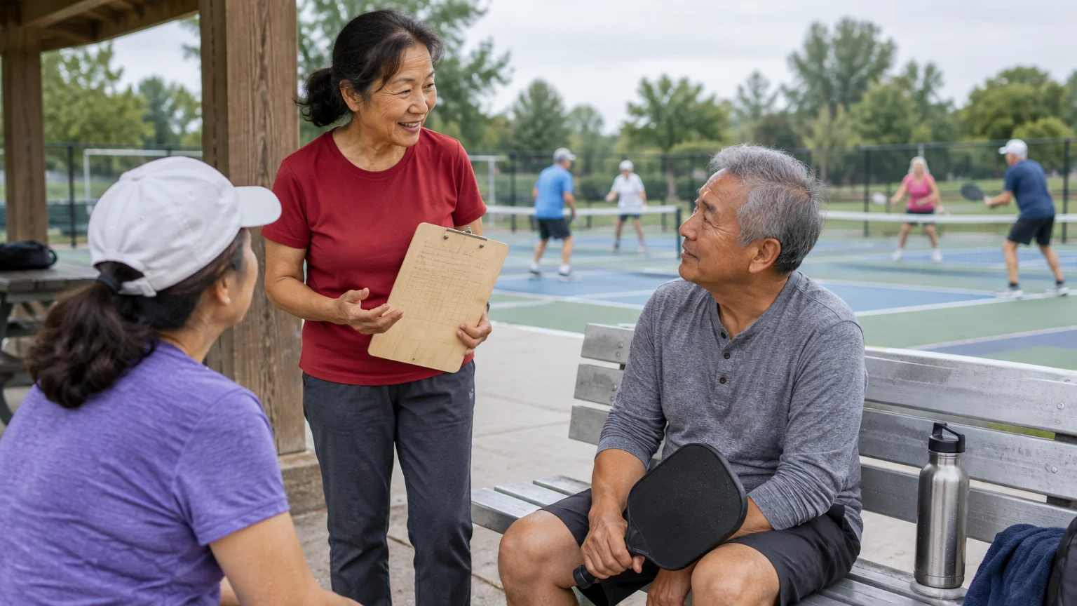 A woman holding a clipboard speaks with two seated pickleball players near outdoor courts where a match is underway.