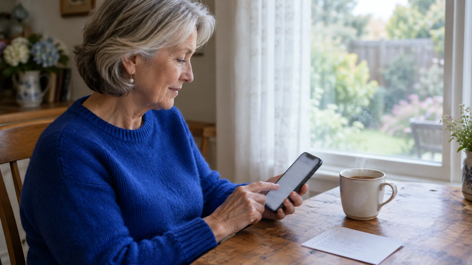 Senior woman in a blue sweater using a smartphone at a wooden table beside a steaming mug and window.