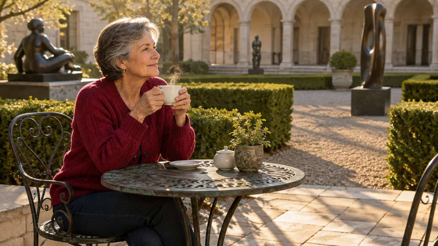 Senior woman in a red cardigan drinks coffee at a courtyard table surrounded by hedges and sculptures.