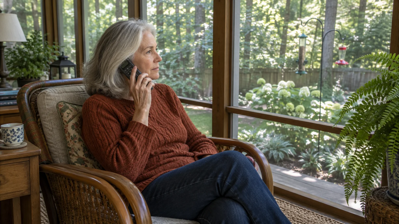 Senior woman sitting in an armchair in a sunroom talking on a phone, looking out a large window toward a green garden.
