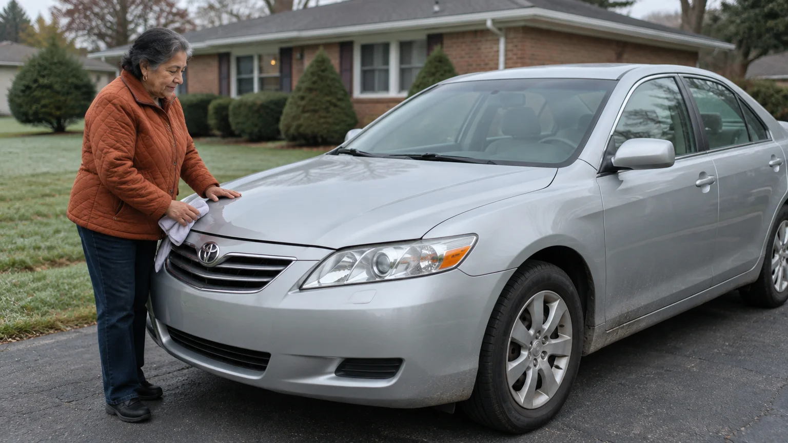 An older woman in a quilted jacket wipes the hood of a silver sedan parked in a suburban driveway.