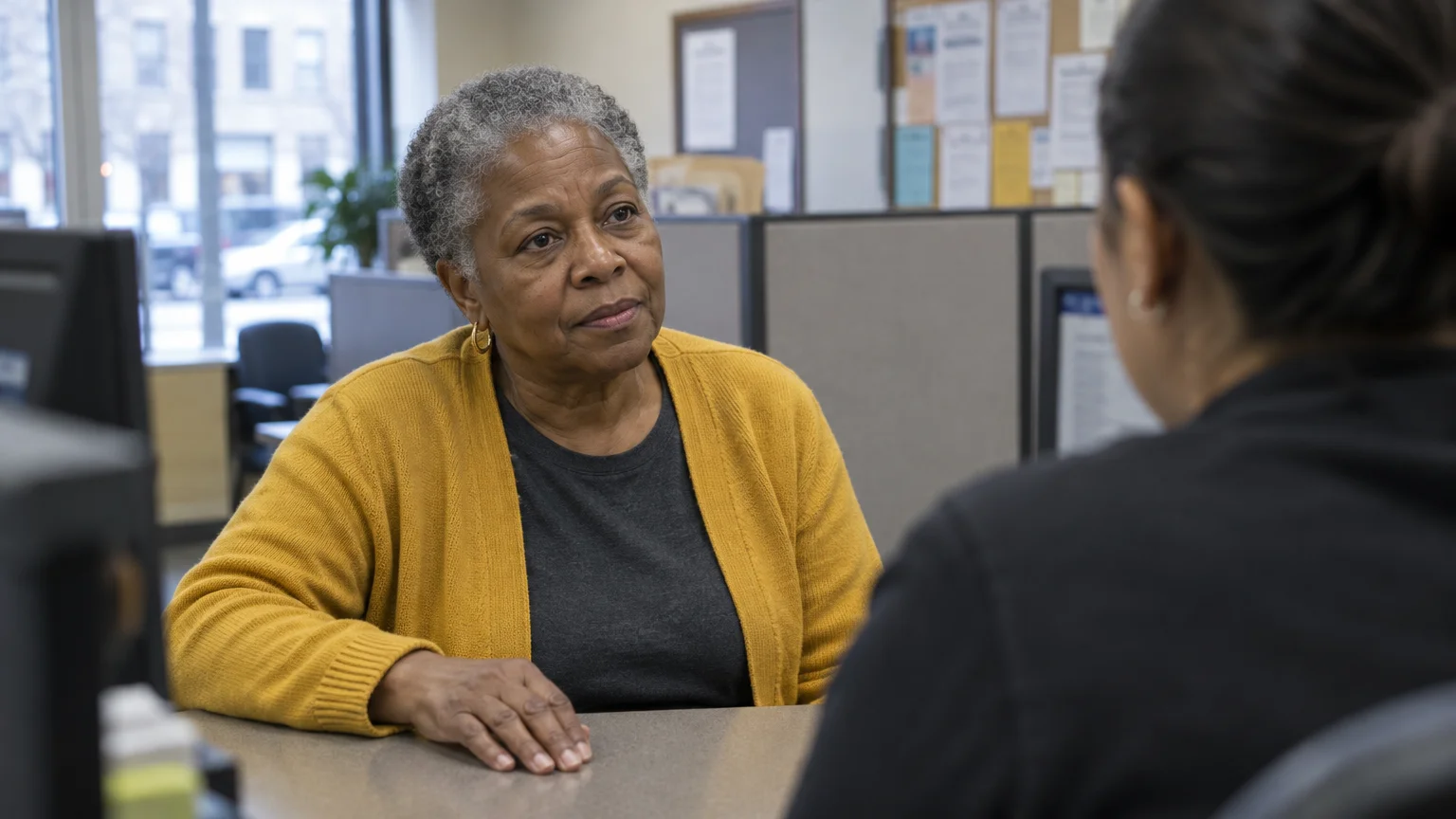Senior woman in a yellow cardigan seated at an office desk listening to a caseworker across from her.