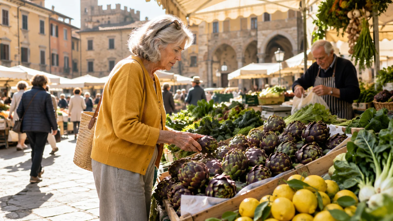 Woman in a yellow sweater inspecting fresh artichokes at an outdoor market stall in a Tuscan town square.