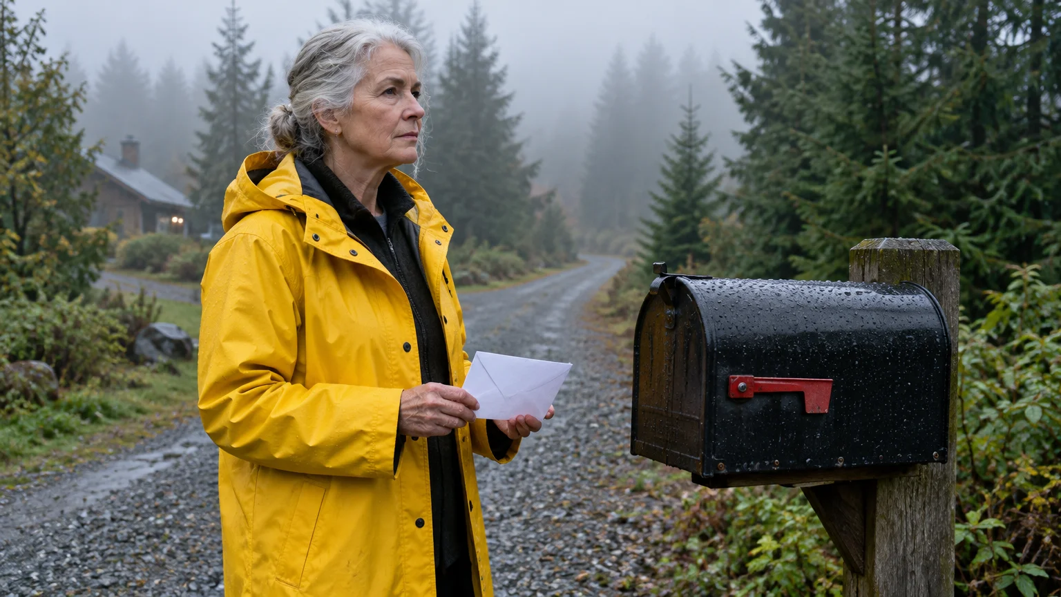 Woman in a yellow raincoat holding an envelope next to a wet mailbox on a gravel road in misty woods.