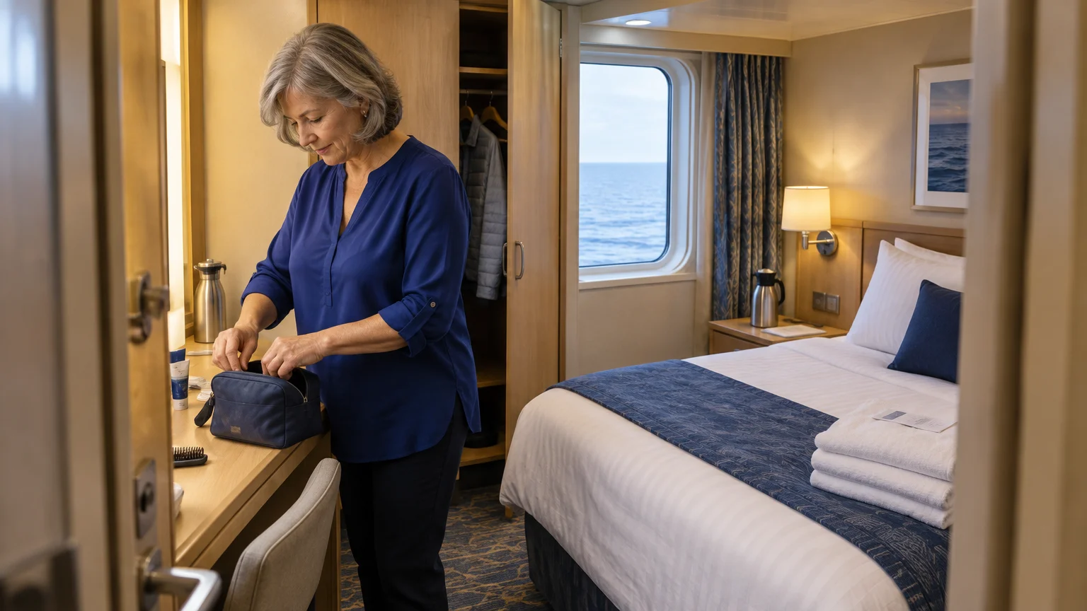 A senior woman unpacks a pouch at a desk in a cruise ship stateroom with an ocean view window and a made bed.