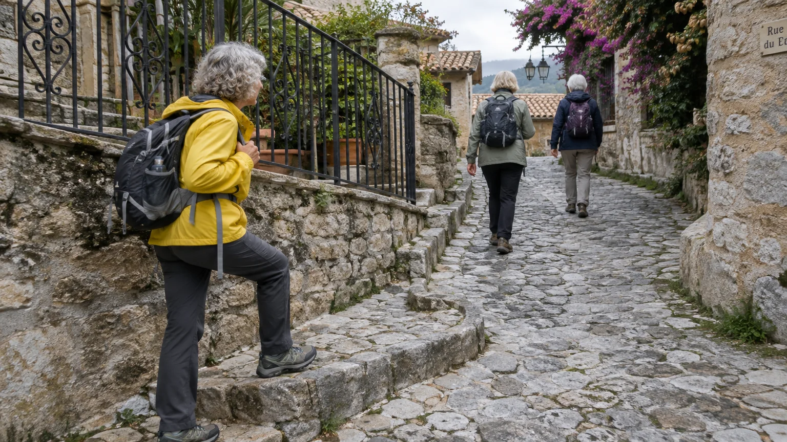 Three women with backpacks walk up an uphill cobblestone path between historic stone buildings.