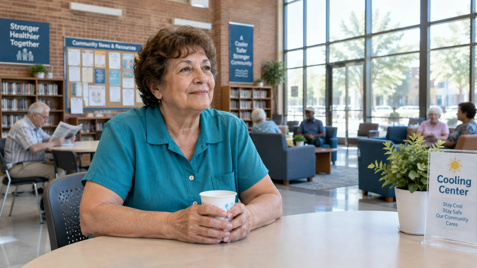 Senior woman sitting at a table inside a bright community cooling center alongside other older adults.
