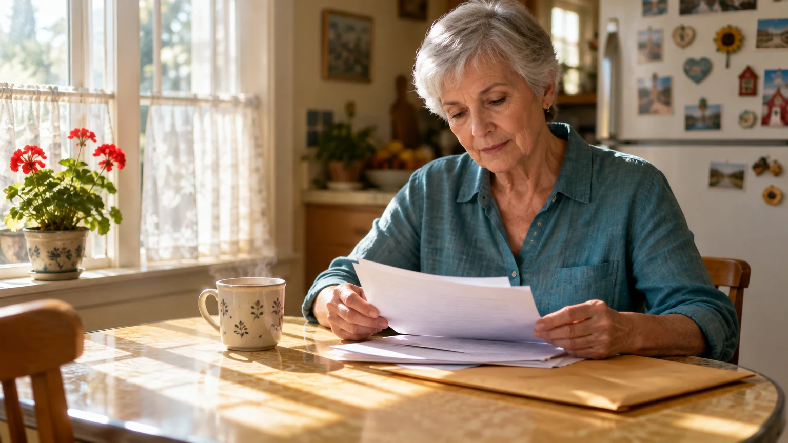 A senior woman sits at a sunlit kitchen table reviewing printed documents beside a steaming mug.