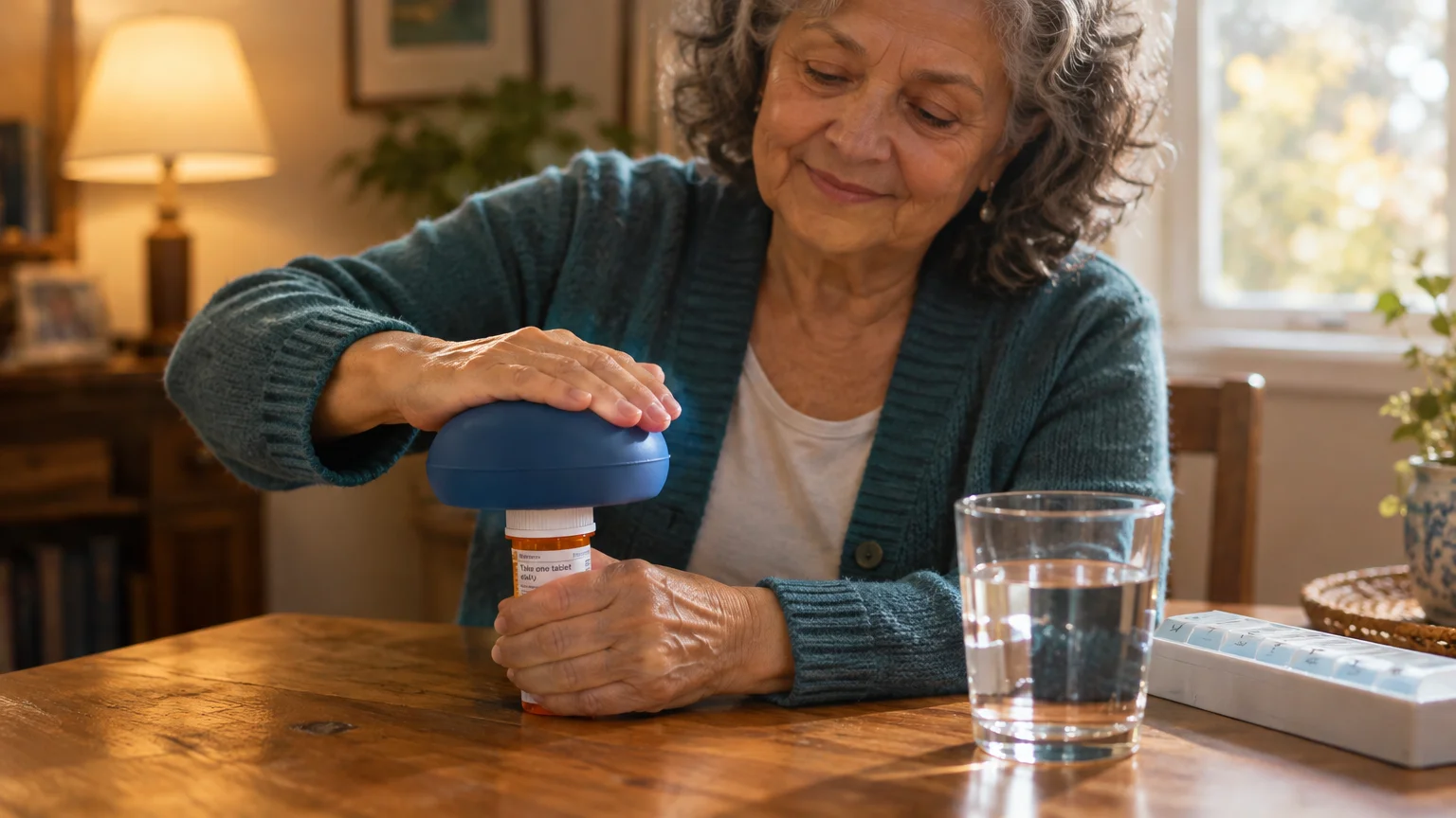 An older woman presses a rounded blue adaptive grip over a prescription pill bottle at a wooden table.
