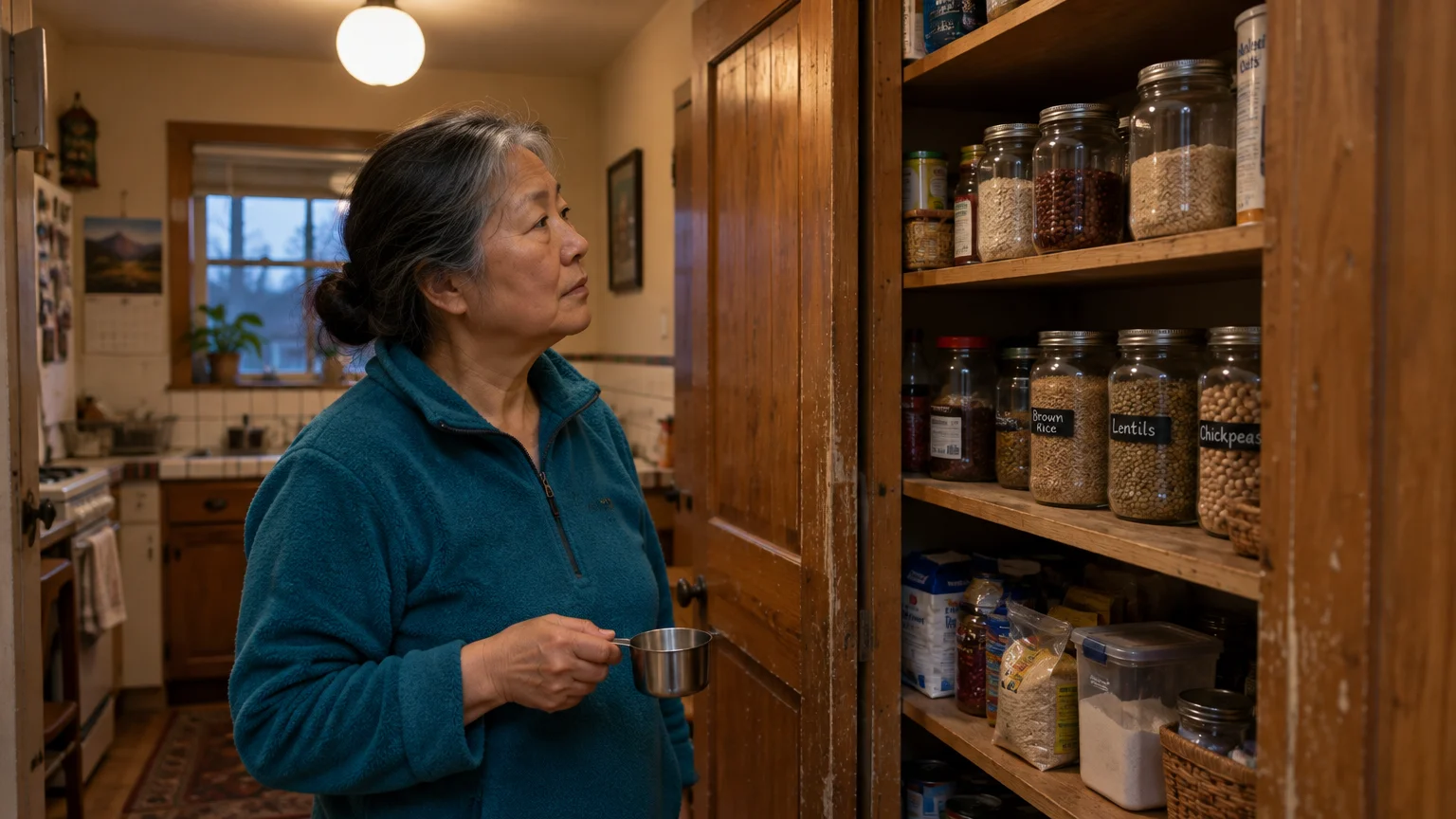 Older woman holding a metal measuring cup while looking into an organized wooden pantry with glass jars of grains.