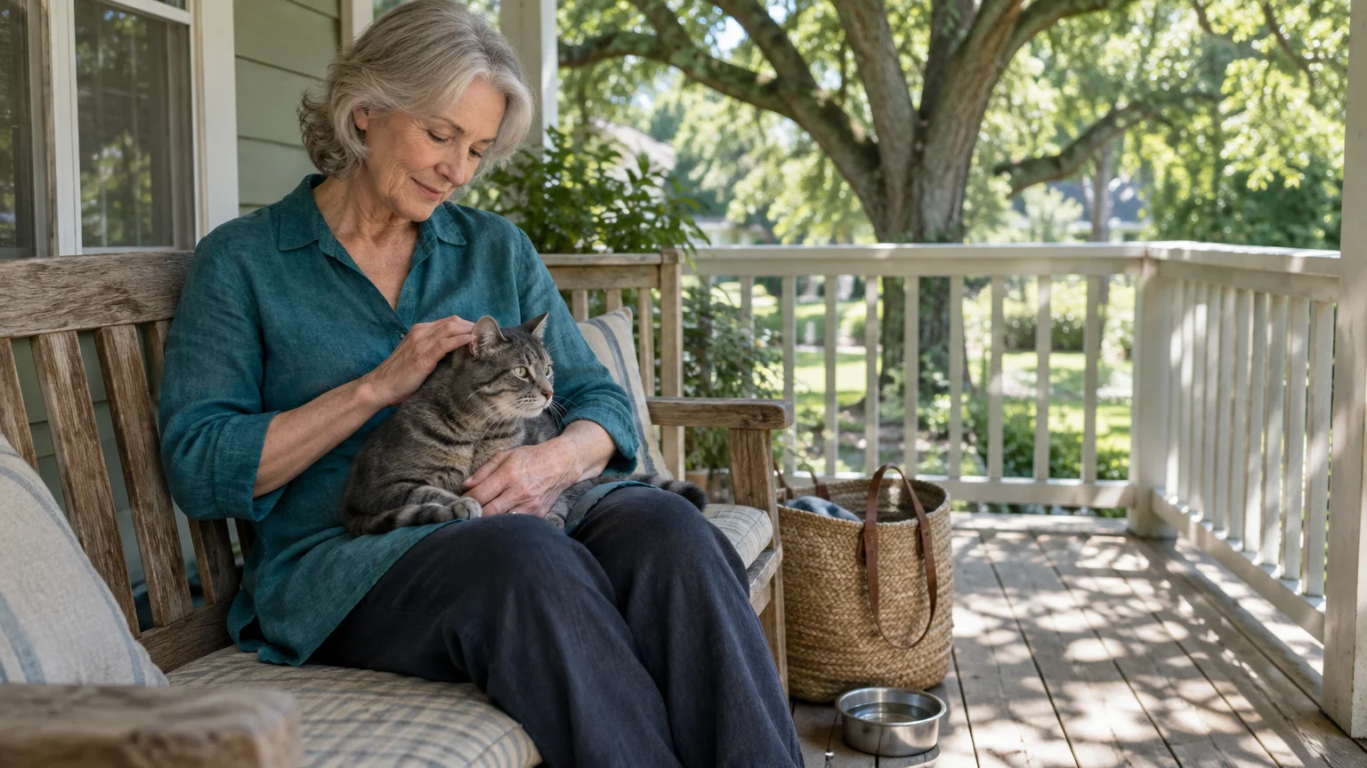 An older woman with gray hair sits on a wooden porch bench and pets a tabby cat resting on her lap.