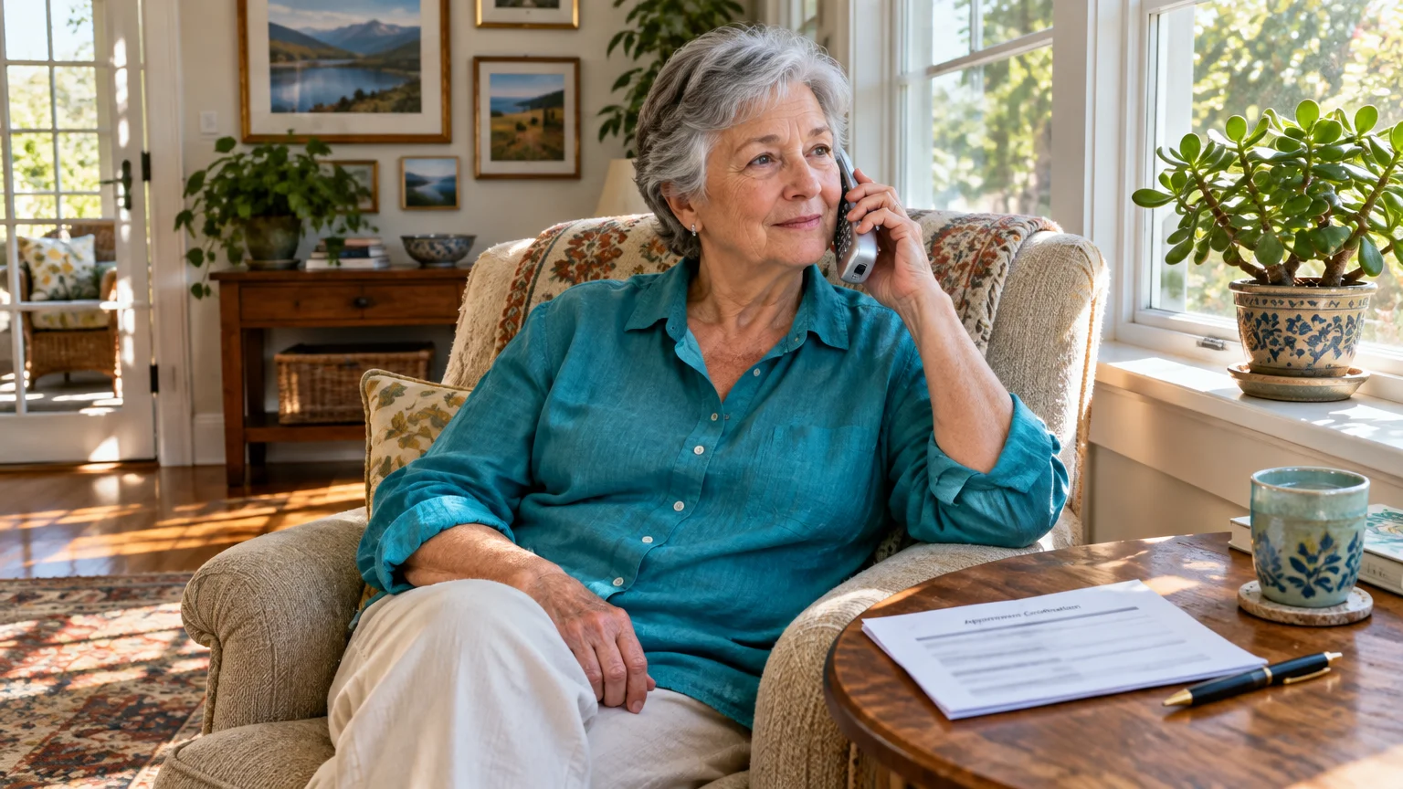 Senior woman sitting in an armchair talking on a telephone next to paperwork on a wooden side table.