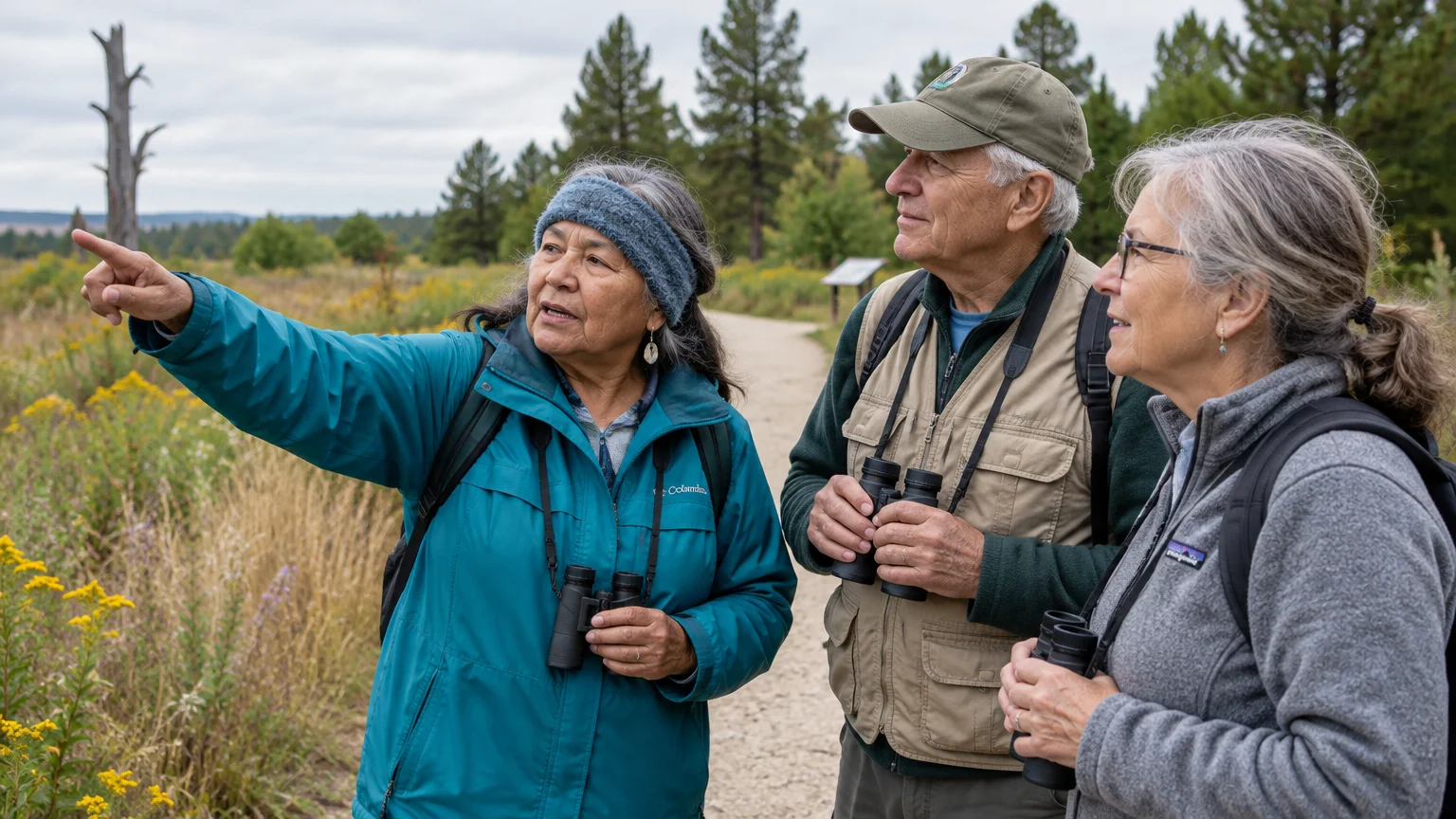 Three older adults wearing outdoor gear and holding binoculars stand on a trail while one points into the distance.