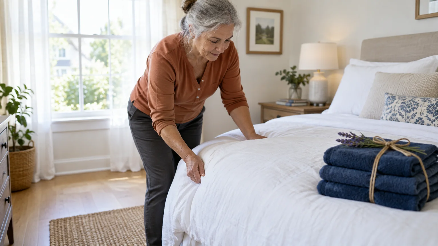 A smiling woman tucks white linens onto a bed beside folded blue towels tied with twine in a sunlit bedroom.
