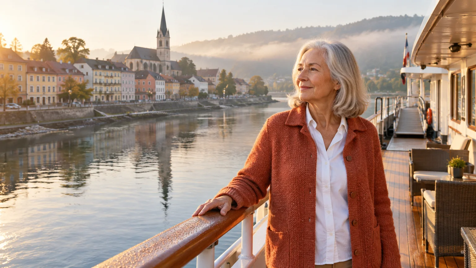 Senior woman with grey hair stands on a river cruise boat deck smiling, overlooking a historic European riverside town.