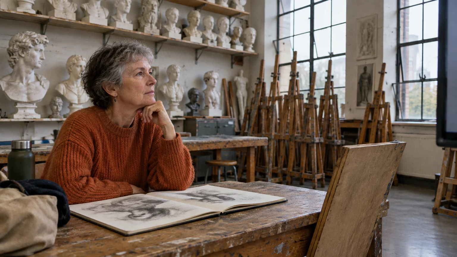 Older woman resting her chin on her hand at a wooden desk with a sketchbook in an art studio filled with easels and busts.